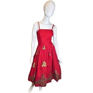 Vintage 50s Red Dress with Metallic Gold Black Print Small